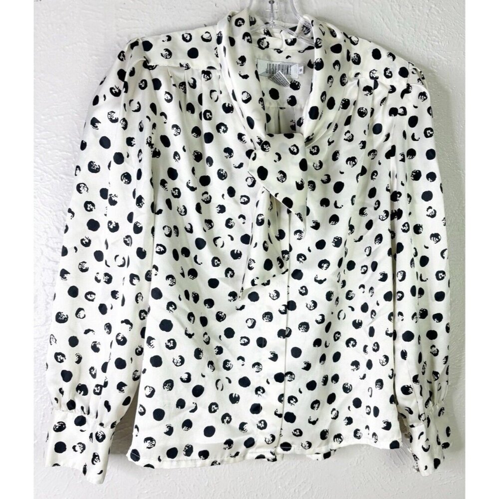 VTG Josephine Sz 8 Blouse Black/ Off White Polka Dot Tie Neck Hidden Buttons GUC
